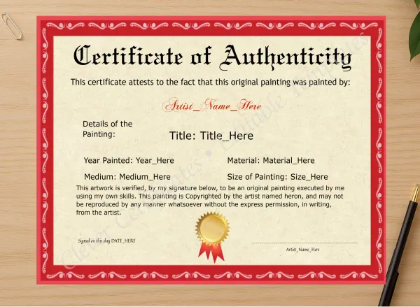 Professional preview of Customizeable Elegant Red Original Painting Certificate certificate on high-quality stationery paper, ideal for showcasing the final look.