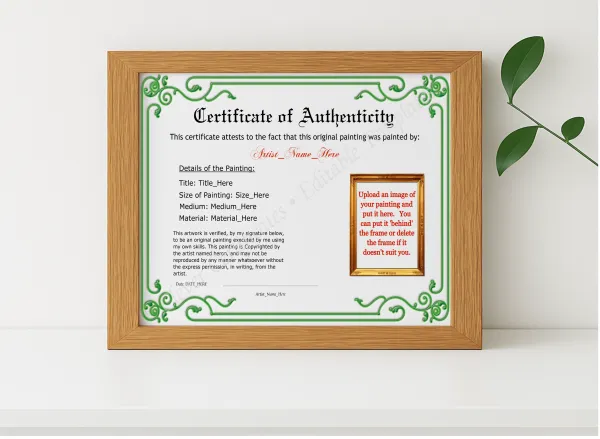 Realistic mockup featuring Editable Green Authenticity With Image displayed within a modern frame, set against a minimalistic background.