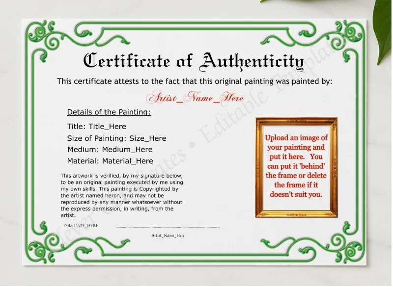 Editable Green Authenticity With Image presented in a sleek wooden frame, elegantly arranged on a stylish table.