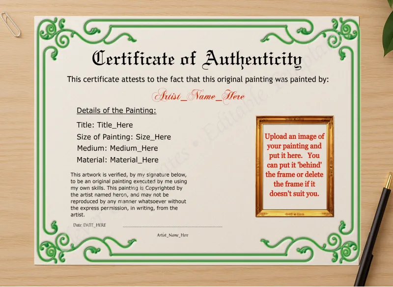 Professional preview of Editable Green Authenticity With Image certificate on high-quality stationery paper, ideal for showcasing the final look.