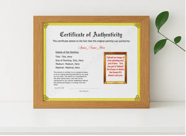 Realistic mockup featuring Printable Yellow Authenticity With Image displayed within a modern frame, set against a minimalistic background.