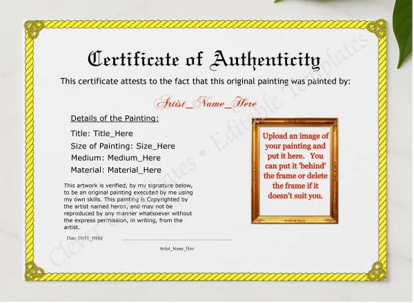Printable Yellow Authenticity With Image presented in a sleek wooden frame, elegantly arranged on a stylish table.