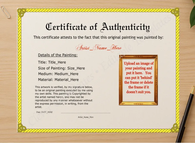 Professional preview of Printable Yellow Authenticity With Image certificate on high-quality stationery paper, ideal for showcasing the final look.