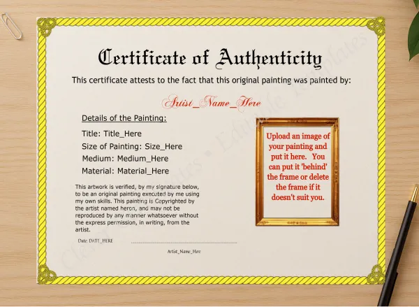 Professional preview of Printable Yellow Authenticity With Image certificate on high-quality stationery paper, ideal for showcasing the final look.