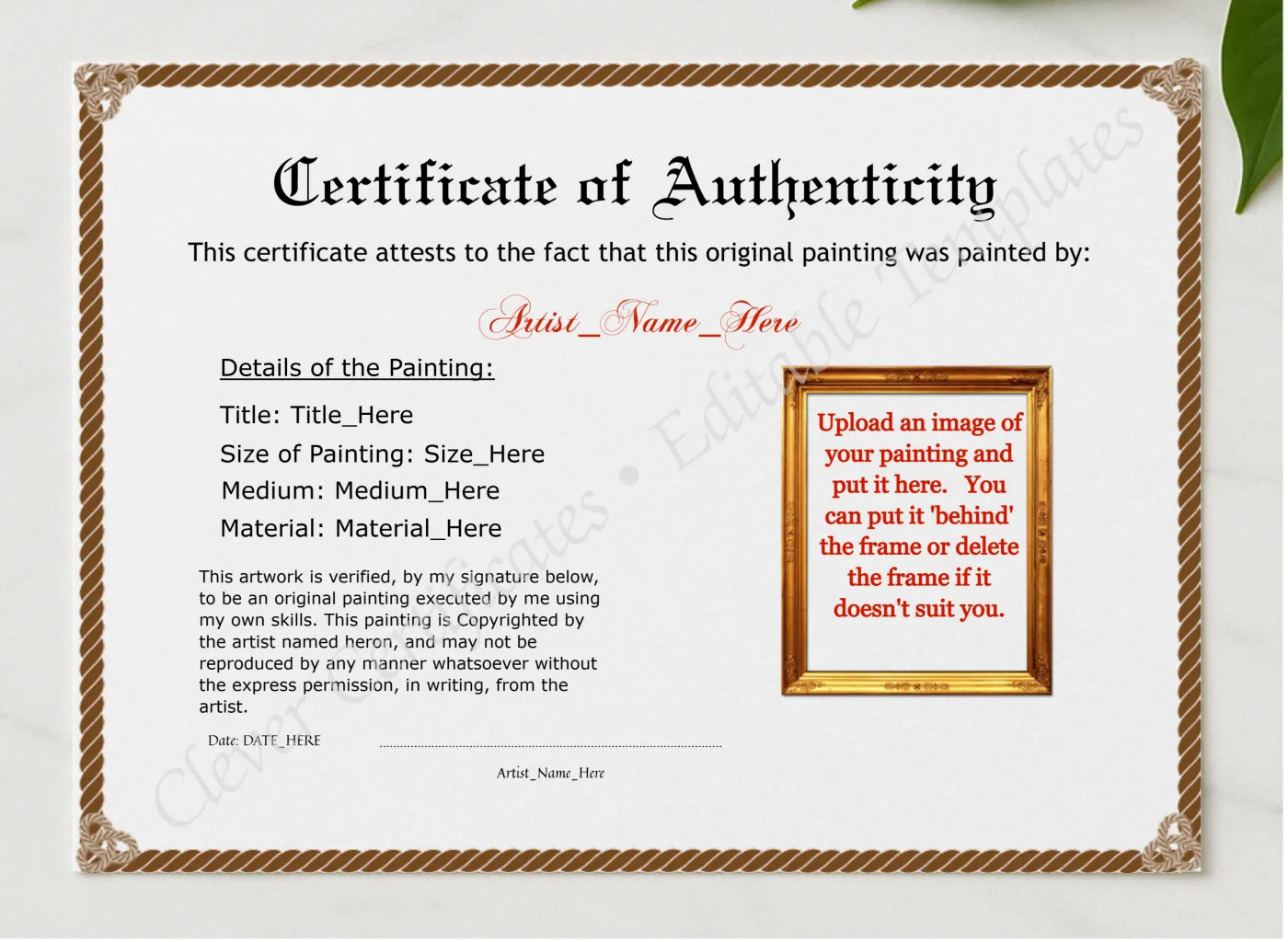 Customizeable Brown Authenticity With Image presented in a sleek wooden frame, elegantly arranged on a stylish table.