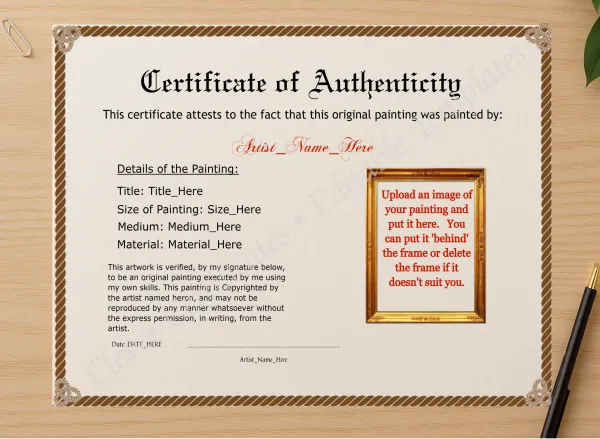 Professional preview of Customizeable Brown Authenticity With Image certificate on high-quality stationery paper, ideal for showcasing the final look.
