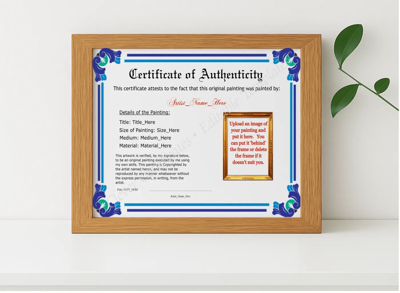 Realistic mockup featuring Editable Elegant Blue Authenticity With Image displayed within a modern frame, set against a minimalistic background.