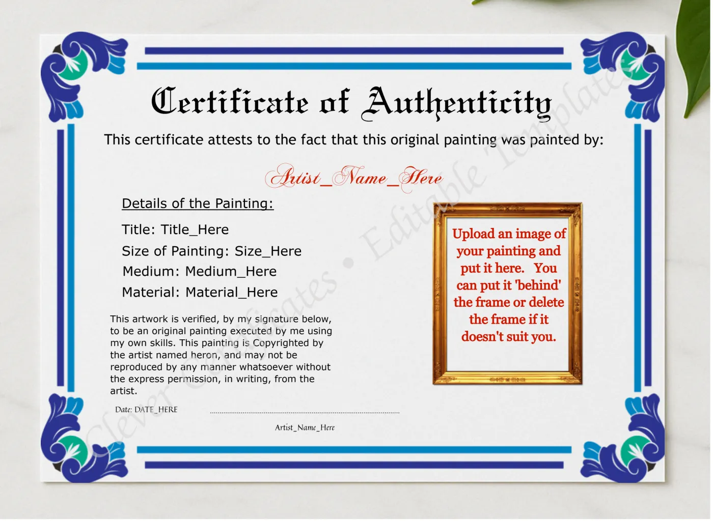 Editable Elegant Blue Authenticity With Image presented in a sleek wooden frame, elegantly arranged on a stylish table.