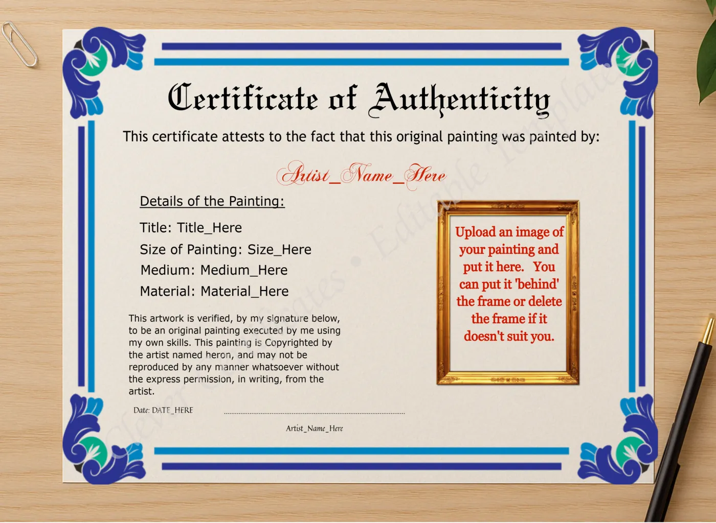 Professional preview of Editable Elegant Blue Authenticity With Image certificate on high-quality stationery paper, ideal for showcasing the final look.