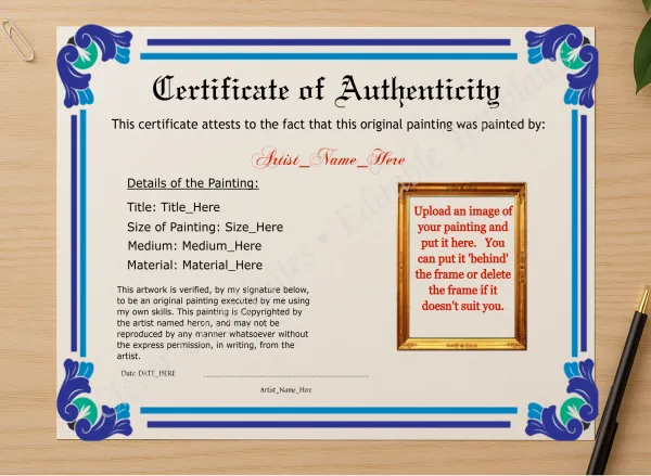 Professional preview of Editable Elegant Blue Authenticity With Image certificate on high-quality stationery paper, ideal for showcasing the final look.