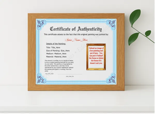 Realistic mockup featuring Printable Elegant Sky Blue Authenticity With Image displayed within a modern frame, set against a minimalistic background.
