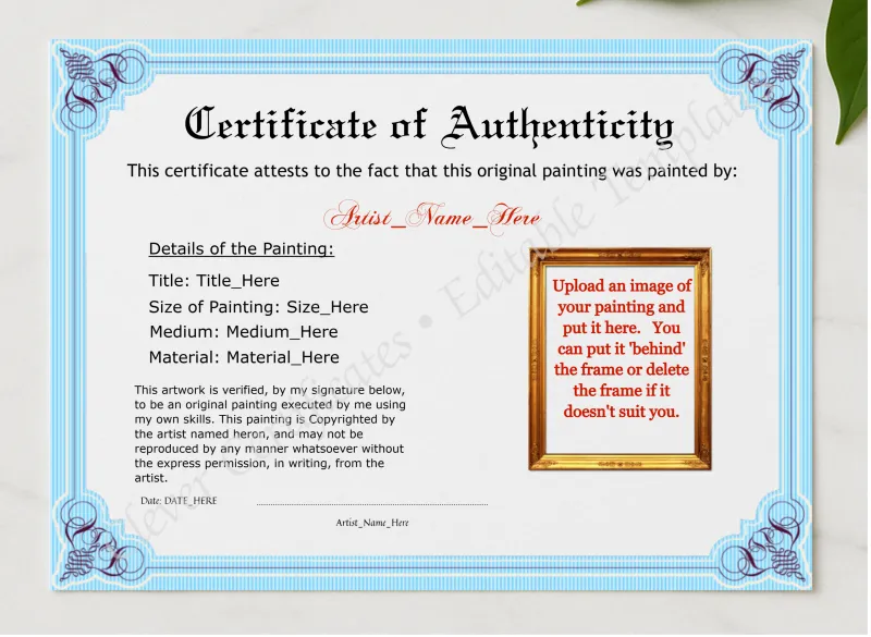 Printable Elegant Sky Blue Authenticity With Image presented in a sleek wooden frame, elegantly arranged on a stylish table.