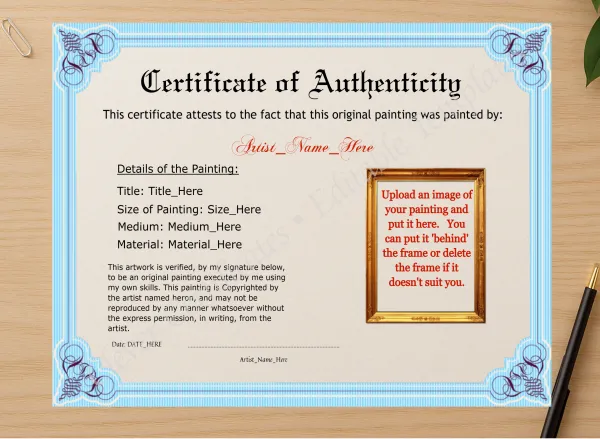 Professional preview of Printable Elegant Sky Blue Authenticity With Image certificate on high-quality stationery paper, ideal for showcasing the final look.