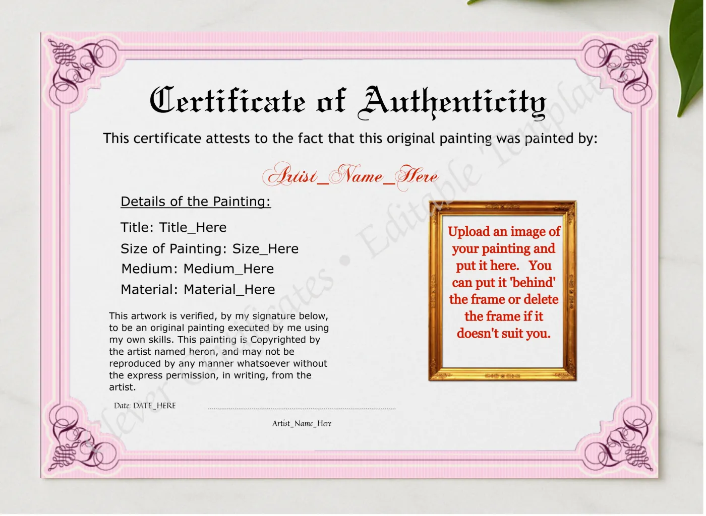 Customizeable Elegant Baby Pink Authenticity With Image presented in a sleek wooden frame, elegantly arranged on a stylish table.