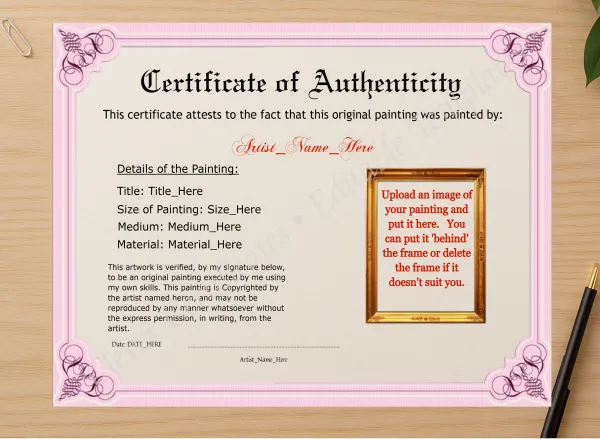 Professional preview of Customizeable Elegant Baby Pink Authenticity With Image certificate on high-quality stationery paper, ideal for showcasing the final look.