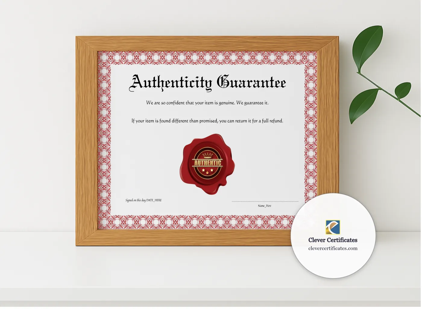 Realistic mockup featuring Editable Pink Authenticity Guarantee displayed within a modern frame, set against a minimalistic background.
