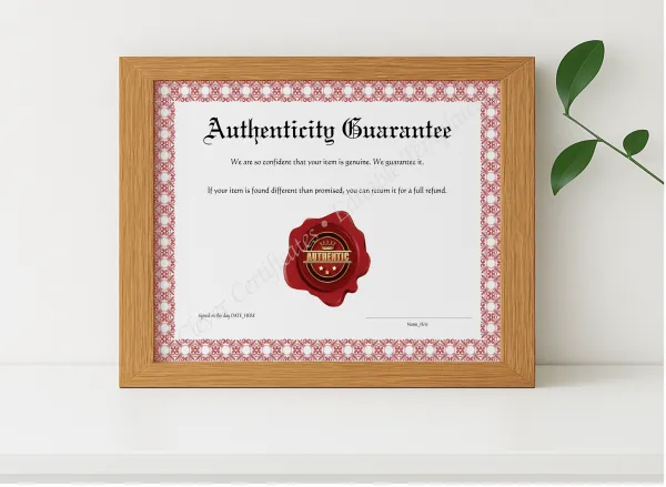 Realistic mockup featuring Editable Pink Authenticity Guarantee displayed within a modern frame, set against a minimalistic background.