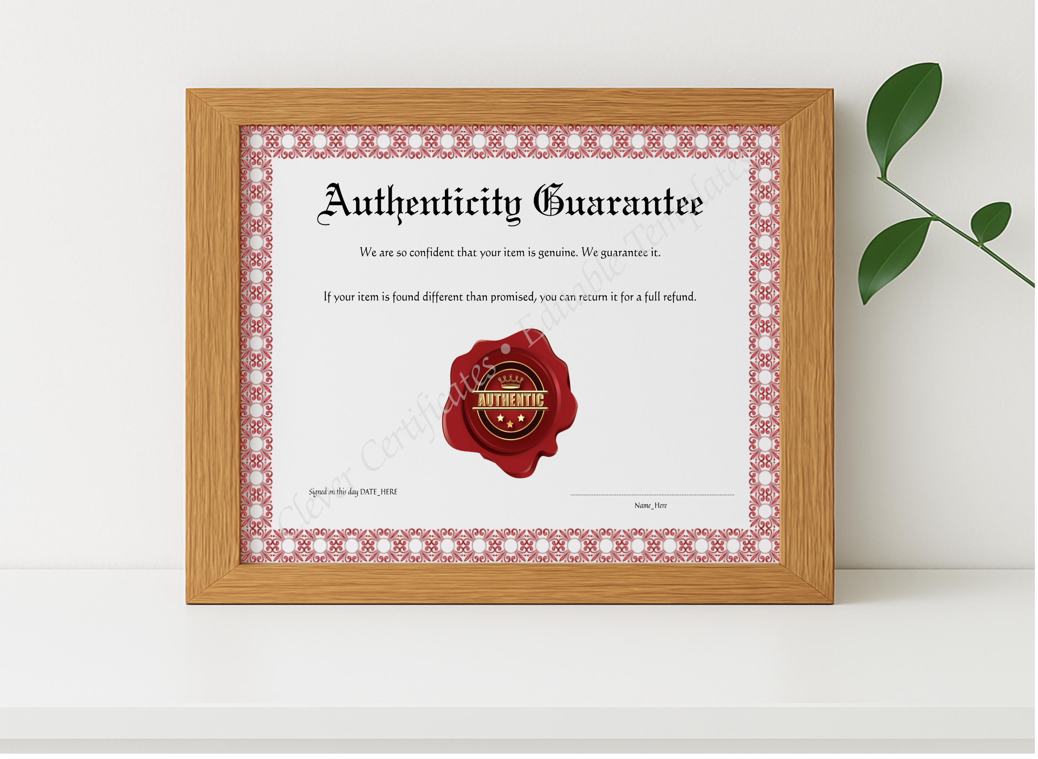 Realistic mockup featuring Editable Pink Authenticity Guarantee displayed within a modern frame, set against a minimalistic background.