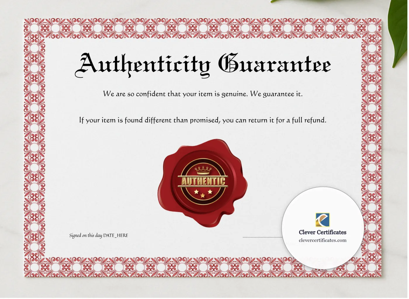Editable Pink Authenticity Guarantee presented in a sleek wooden frame, elegantly arranged on a stylish table.