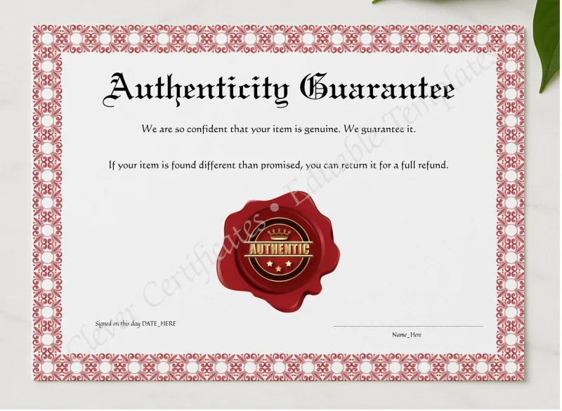 Editable Pink Authenticity Guarantee presented in a sleek wooden frame, elegantly arranged on a stylish table.