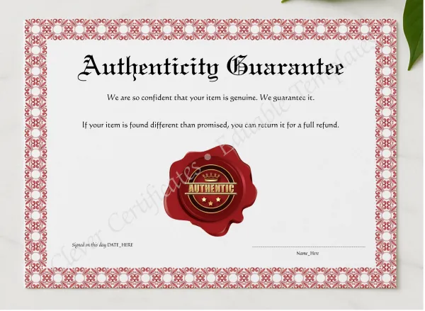 Editable Pink Authenticity Guarantee presented in a sleek wooden frame, elegantly arranged on a stylish table.