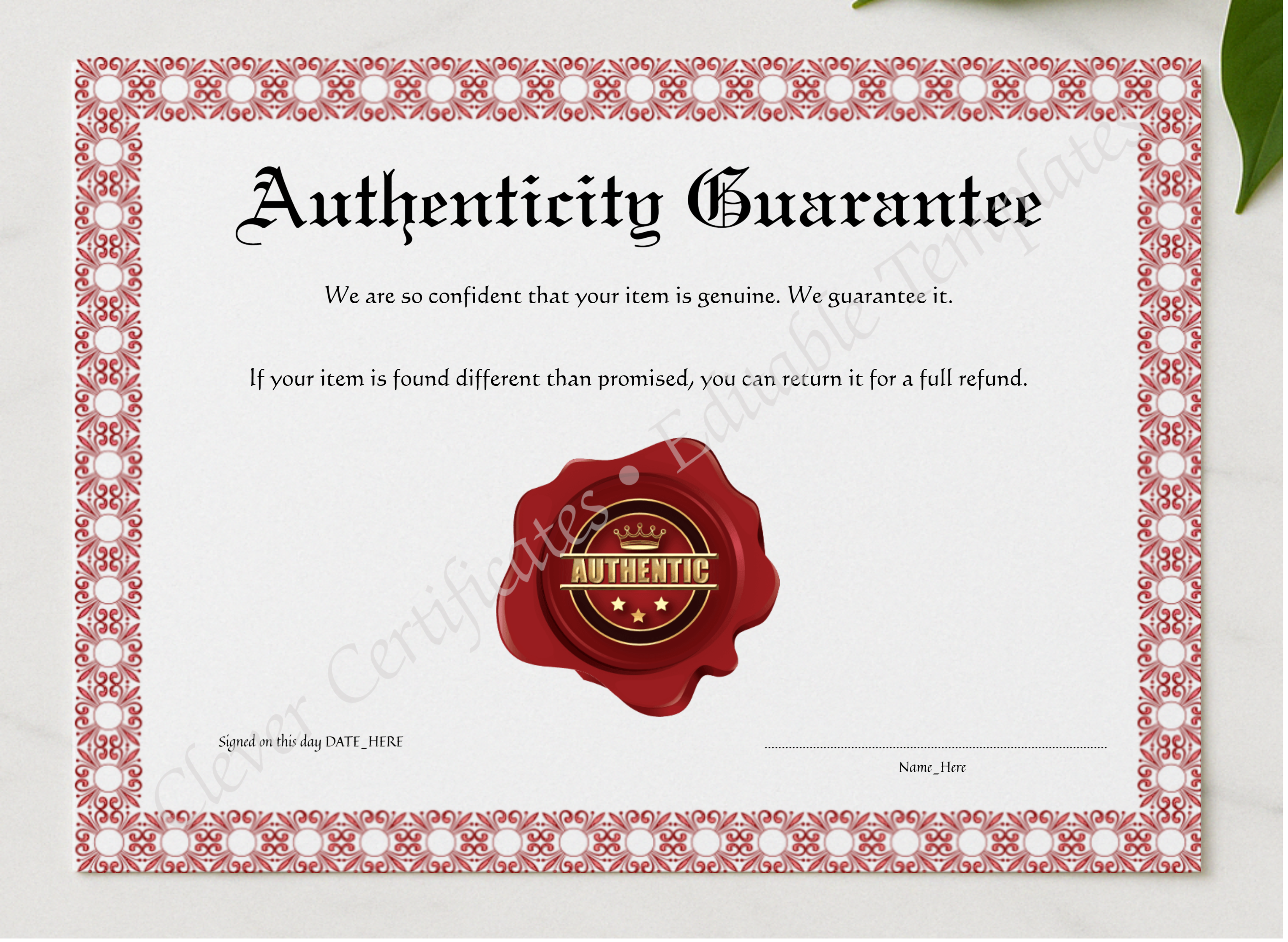 Editable Pink Authenticity Guarantee presented in a sleek wooden frame, elegantly arranged on a stylish table.