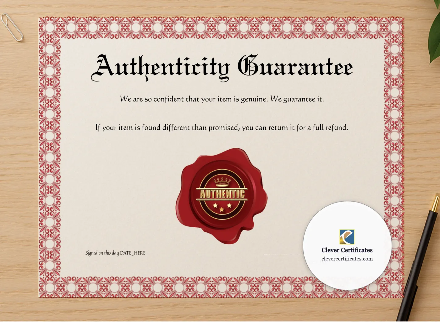 Professional preview of Editable Pink Authenticity Guarantee certificate on high-quality stationery paper, ideal for showcasing the final look.