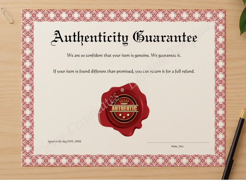 Professional preview of Editable Pink Authenticity Guarantee certificate on high-quality stationery paper, ideal for showcasing the final look.