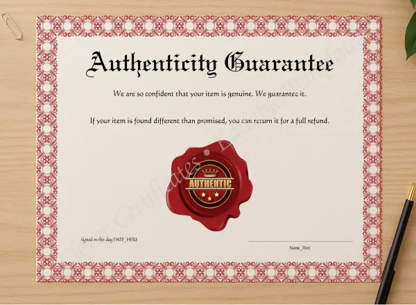 Professional preview of Editable Pink Authenticity Guarantee certificate on high-quality stationery paper, ideal for showcasing the final look.