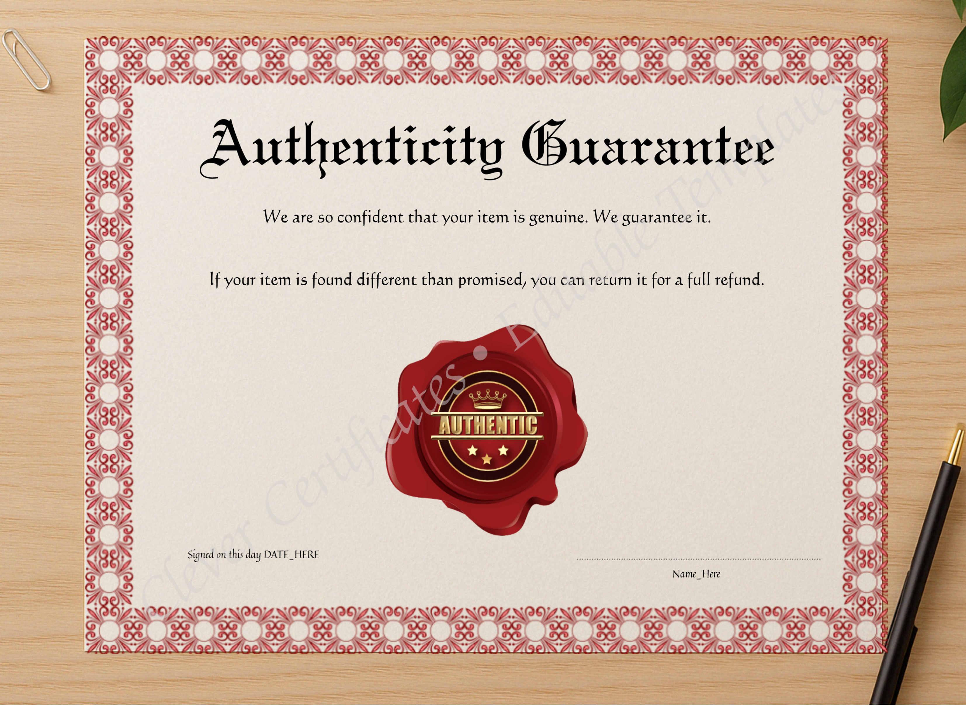Professional preview of Editable Pink Authenticity Guarantee certificate on high-quality stationery paper, ideal for showcasing the final look.
