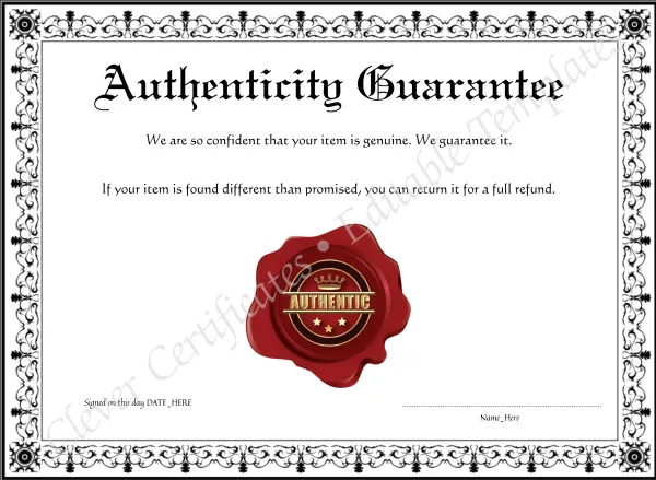 Printable Black Authenticity Guarantee