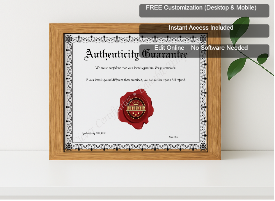 Premium mockup with Free Editor badge stack for Printable Black Authenticity Guarantee