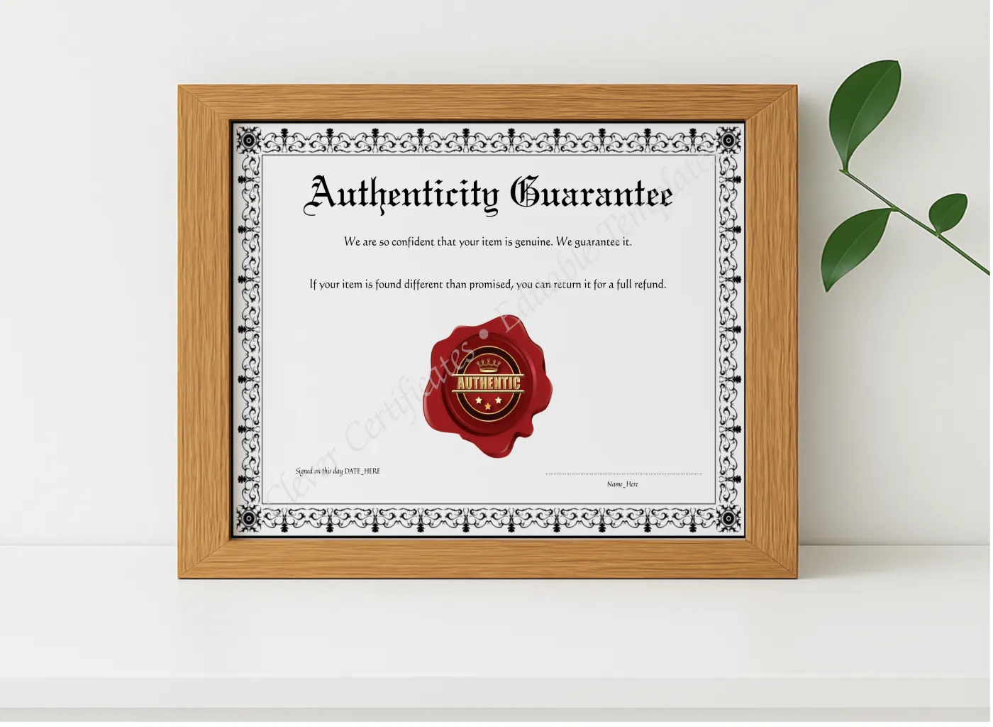 Realistic mockup featuring Printable Black Authenticity Guarantee displayed within a modern frame, set against a minimalistic background.