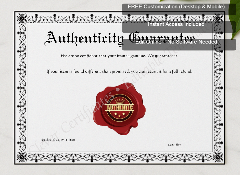 Framed preview featuring Free Editor badge stack for Printable Black Authenticity Guarantee