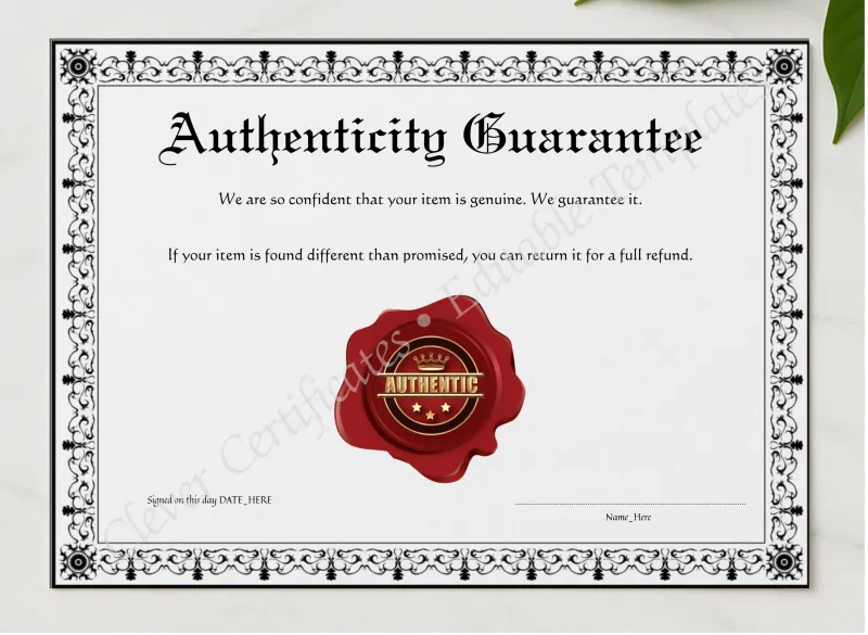 Printable Black Authenticity Guarantee presented in a sleek wooden frame, elegantly arranged on a stylish table.