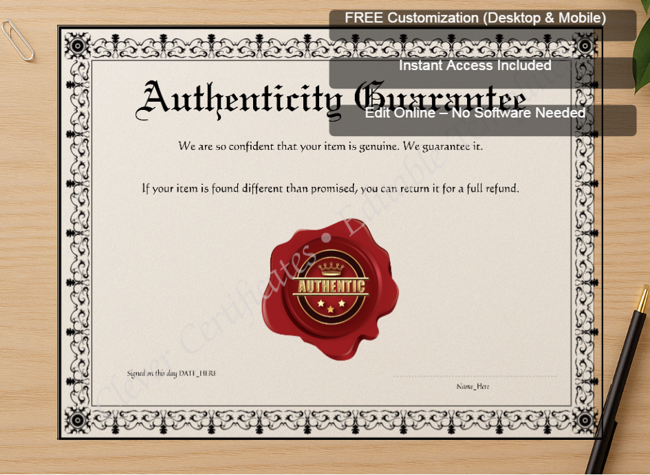 Zoomed preview with Free Editor badge stack for Printable Black Authenticity Guarantee