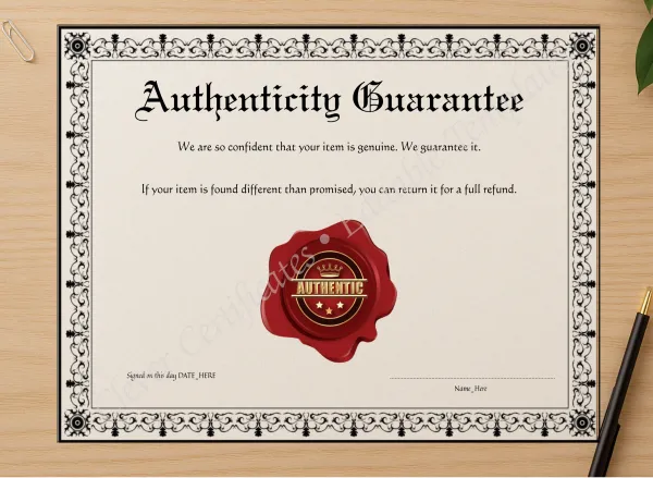 Professional preview of Printable Black Authenticity Guarantee certificate on high-quality stationery paper, ideal for showcasing the final look.