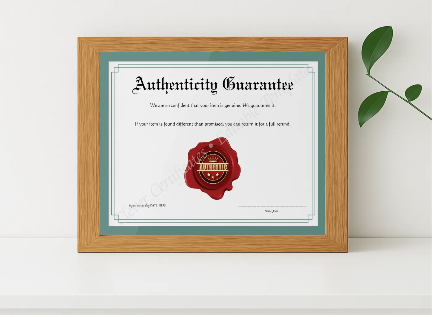 Realistic mockup featuring Customizeable Burgundy Authenticity Guarantee displayed within a modern frame, set against a minimalistic background.