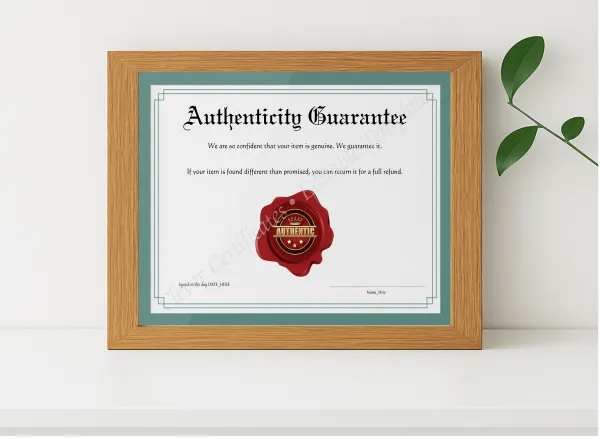 Realistic mockup featuring Customizeable Burgundy Authenticity Guarantee displayed within a modern frame, set against a minimalistic background.