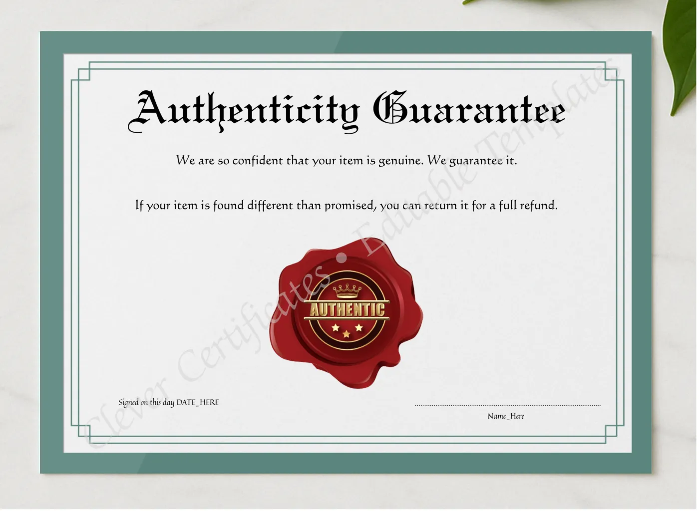 Customizeable Burgundy Authenticity Guarantee presented in a sleek wooden frame, elegantly arranged on a stylish table.