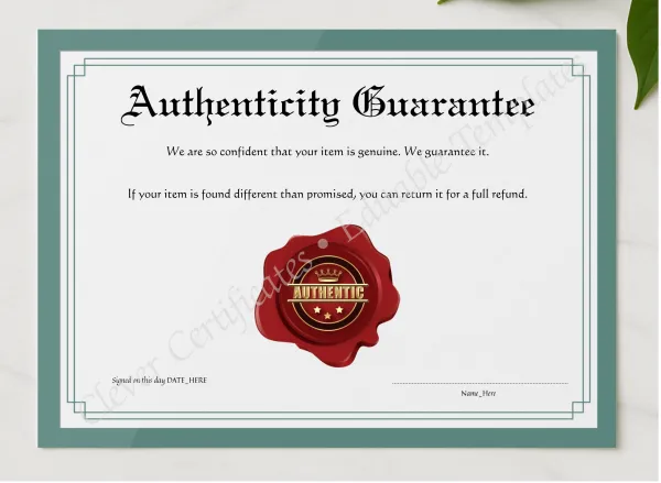 Customizeable Burgundy Authenticity Guarantee presented in a sleek wooden frame, elegantly arranged on a stylish table.