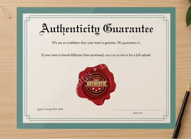 Professional preview of Customizeable Burgundy Authenticity Guarantee certificate on high-quality stationery paper, ideal for showcasing the final look.