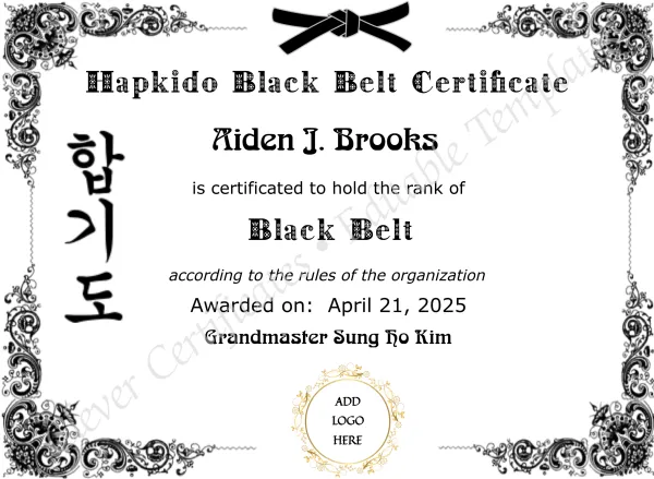 Hapkido Black Belt Certificate