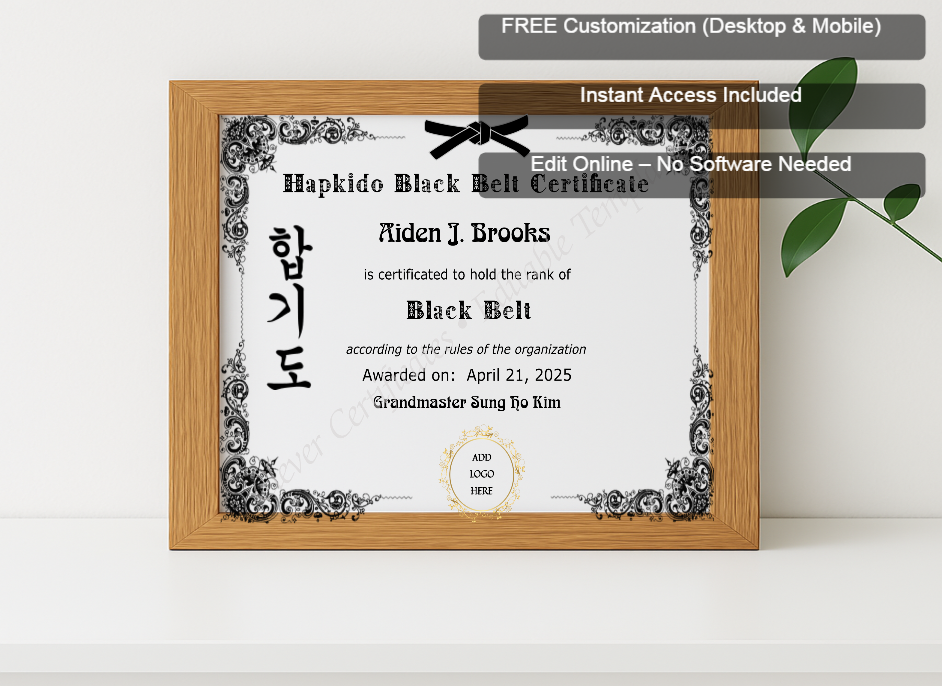 Premium mockup with Free Editor badge stack for Hapkido Black Belt Certificate