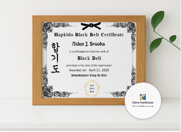 Realistic mockup featuring Hapkido Black Belt Certificate displayed within a modern frame, set against a minimalistic background.