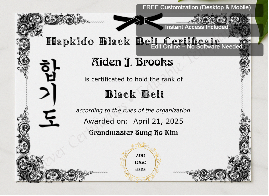 Framed preview featuring Free Editor badge stack for Hapkido Black Belt Certificate