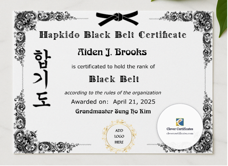Hapkido Black Belt Certificate presented in a sleek wooden frame, elegantly arranged on a stylish table.
