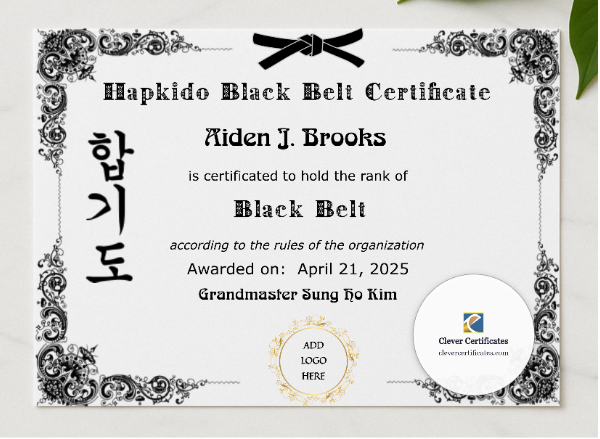 Hapkido Black Belt Certificate presented in a sleek wooden frame, elegantly arranged on a stylish table.