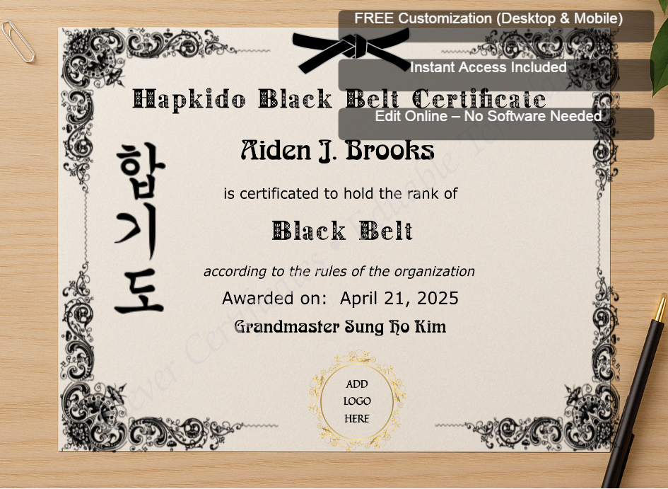 Zoomed preview with Free Editor badge stack for Hapkido Black Belt Certificate
