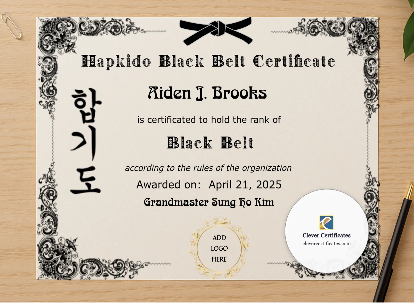 Professional preview of Hapkido Black Belt Certificate certificate on high-quality stationery paper, ideal for showcasing the final look.